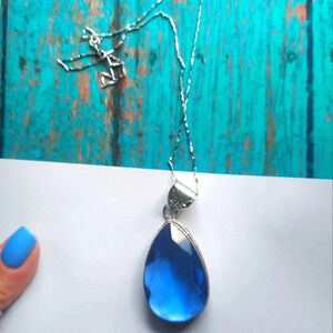 NWOT Huge London Blue Topaz 💙 Pendant Necklace 925 Silver Setting and Chain